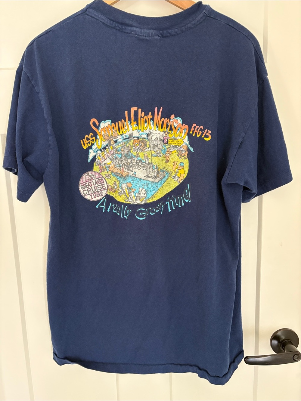 100% cotton USS Samuel Eliot vintage Morison Navy Cruise Graphic Tee - Navy Blue